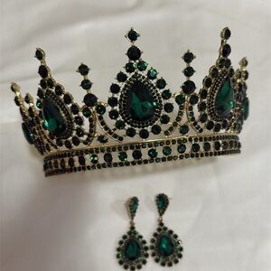 Elegant Green and Gold Crown and Earring Set